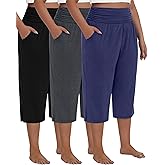 Neer 3 Pack Women's Plus Size Cotton Capri Pants High Waisted Wide Leg Loose Lounge Yoga Cropped Sweatpants with Pockets