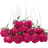 Cloudecor 12Pcs Fuchsia Roses Artificial Flowers Fake Roses Faux Velvet Silk Flower for Home Wedding Decoration (Pearl Rose, Fuchsia)