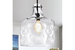 CATINER Extra Large 16" Vintage Farmhouse Pendant Light – Hand-Blown Clear Hammered Glass Shade, Adjustable Chain, Hanging Light for Kitchen Island, Dining Room, Hallway, Black Finish