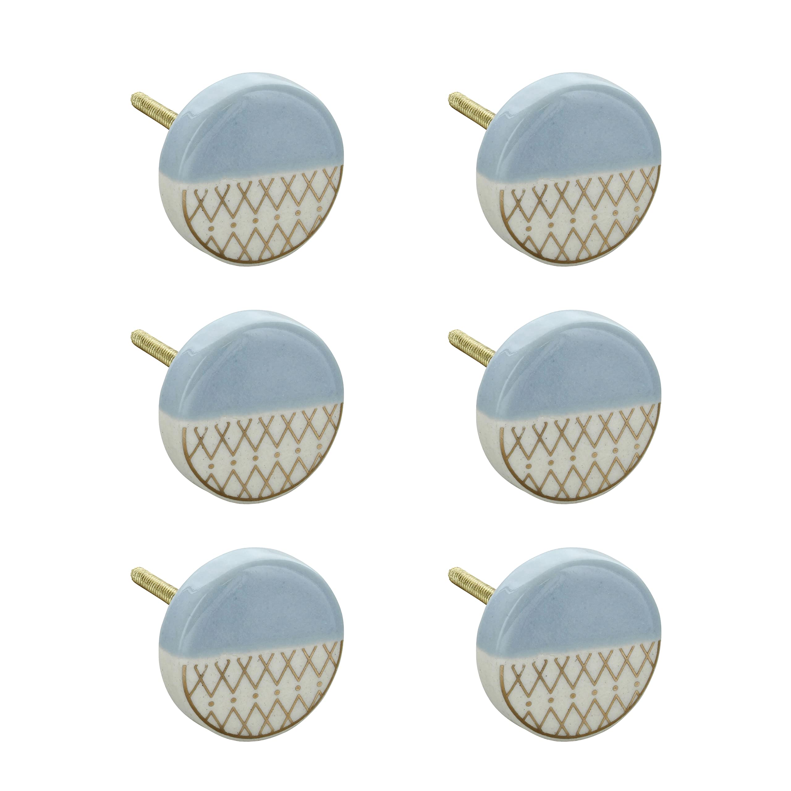G Decor Grey and White Contrast Gold Designs Ceramic Door Knobs, Vintage, Shabby Chic, Interior Furniture, Cabinet Cupboard Drawers Pulls Handles (6-Pack)