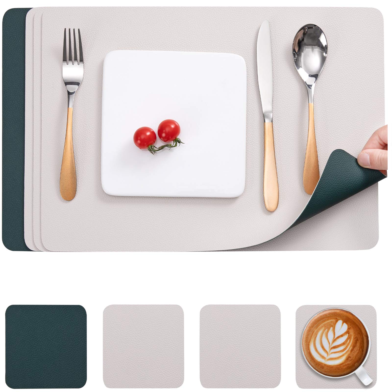 Myir JUN Leather Table Mats and Coasters, Dual-Sided Leather Placemats and Coasters Waterproof Placemats Set of 4 Place Mats Non-Slip Washable Table Mats (Pearl-White Green, Set of 4)