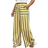 WDIRARA Women's Plus Size Striped Baggy Pants High Waisted Wide Leg Pants with Pockets
