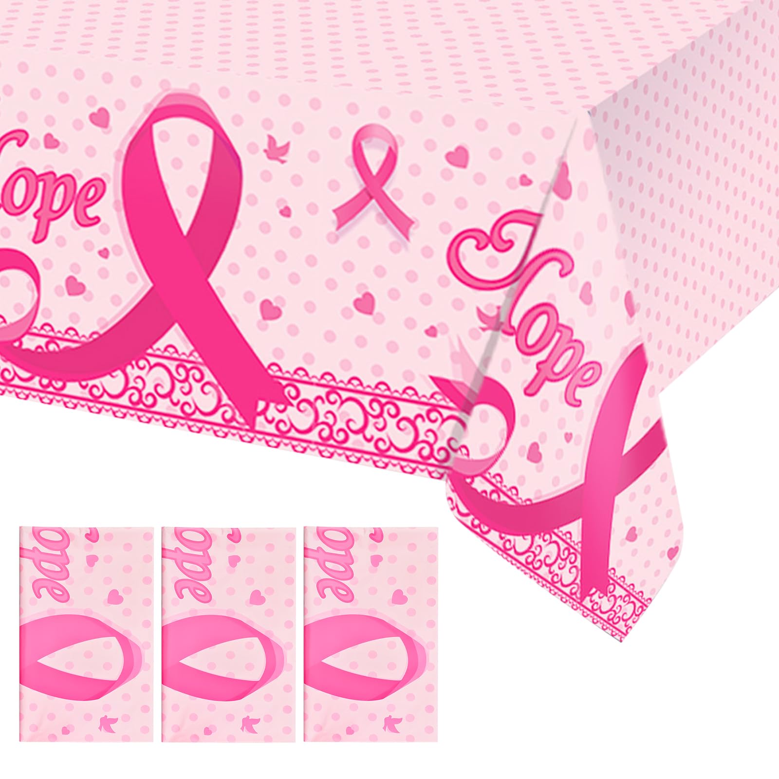 WANDIC 3pcs Breast Cancer Awareness Tablecloth, Pink Ribbon Plastic Table Cover Cancer Free Supplies Survivor Hope Decorations for Diy Party