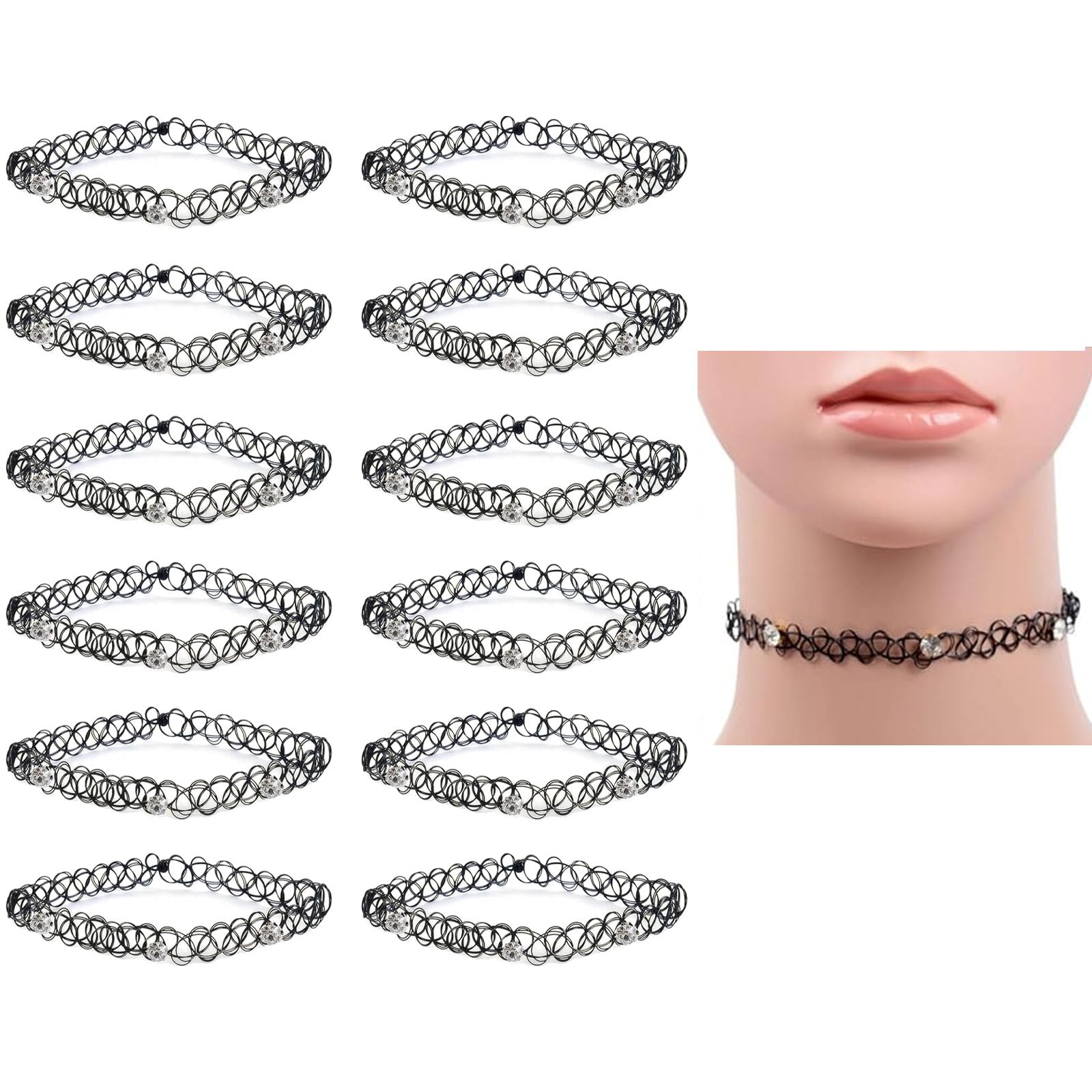 AWAVM 12 Piece Neckchain Necklace Set, Diamond Necklace, Elastic Tattooed Fishline Neckchain, Suitable for Girls, Teenagers and Women.