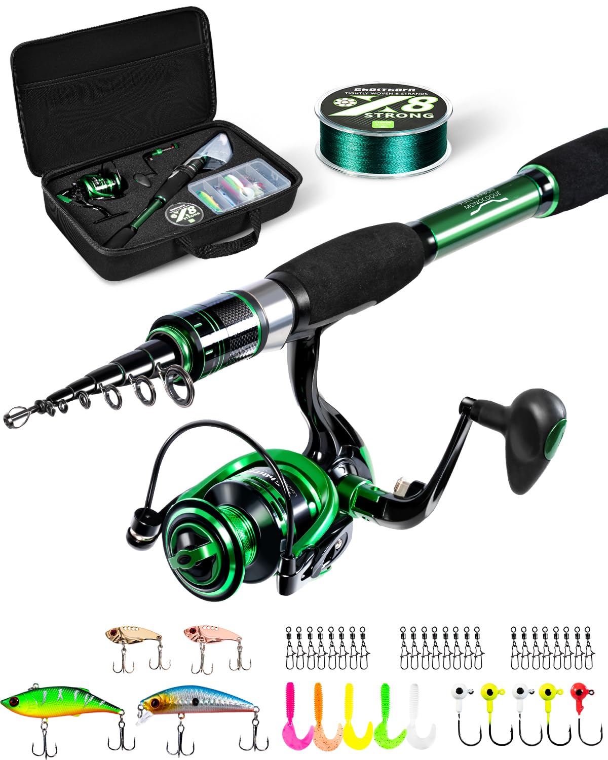 Photo 1 of Ghosthorn Fishing Rod and Reel Combo, Graphite Telescoping Fishing Pole Portable Travel Kit with Carrier Bag for Freshwater Saltwater