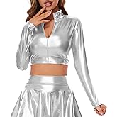 Kepblom Women's Metallic Crop Top Long Sleeve Mock Neck Turtleneck Holographic Zip Up Blouses