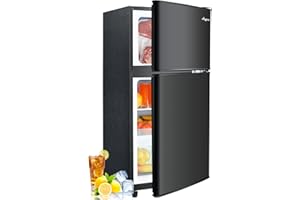 Anypro 3.2 Cu.Ft Fridge with Freezer, 2 Door Refrigerator with 7 Level Thermostat, LED Light, Adjustable Removable Glass Shelves for Bedroom, Office, Dorm, Apartment, Black
