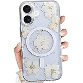 Clear Case for iPhone 16 Compatible with MagSafe,Magnetic Flower Phone Case with Pressed Real Flowers Design,Glitter Cute Floral Pattern Slim Soft TPU Protective Women Girl's Phone Cover for iPhone 16
