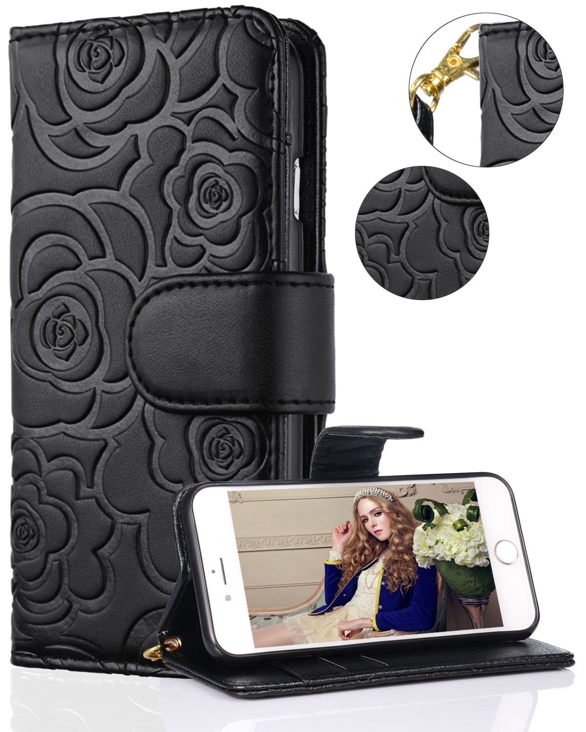 FLYEECase Compatible with iPhone 7(2016)/iPhone 8(2017)/iPhone SE(2020) 4.7 inch,Wallet Case for Women and Girls with Card Holder,Premium Leather Flip case with Wrist Strap-Embossed Flowers Black