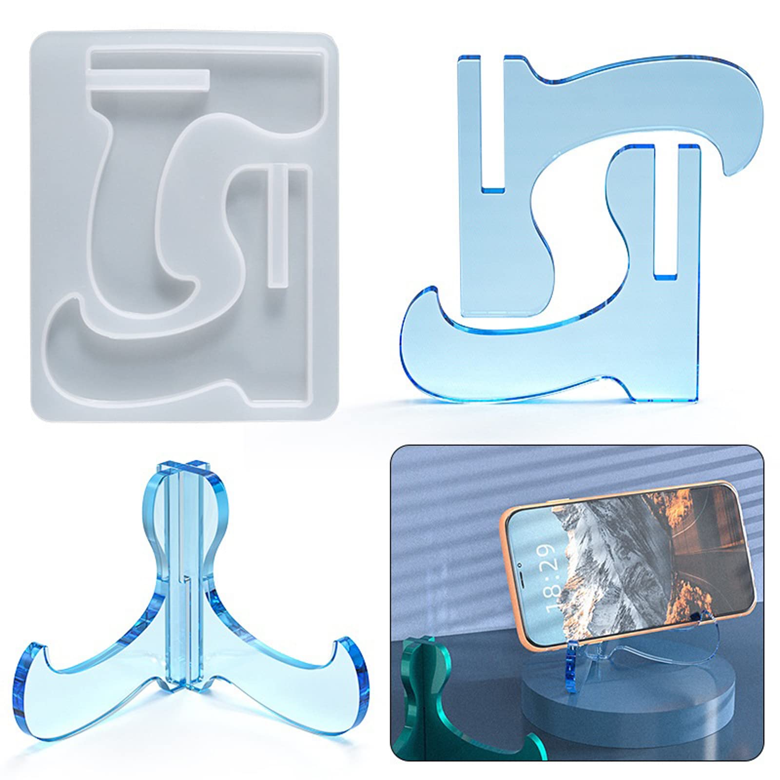 2 Pieces Silicone Mobile Phone Stand Holder Resin Epoxy Mold Portable Cell Phone Desk Bracket Easel Photo Display Casting Mould Crystal DIY Craft Tool Molds Handmade Gift
