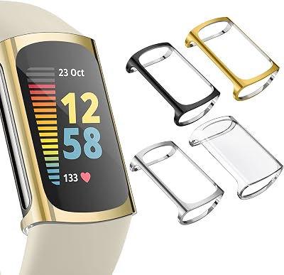 WOOZ Screen Protector Case for Fitbit Charge 6 5 TPU Bumper Dark Grey Silver