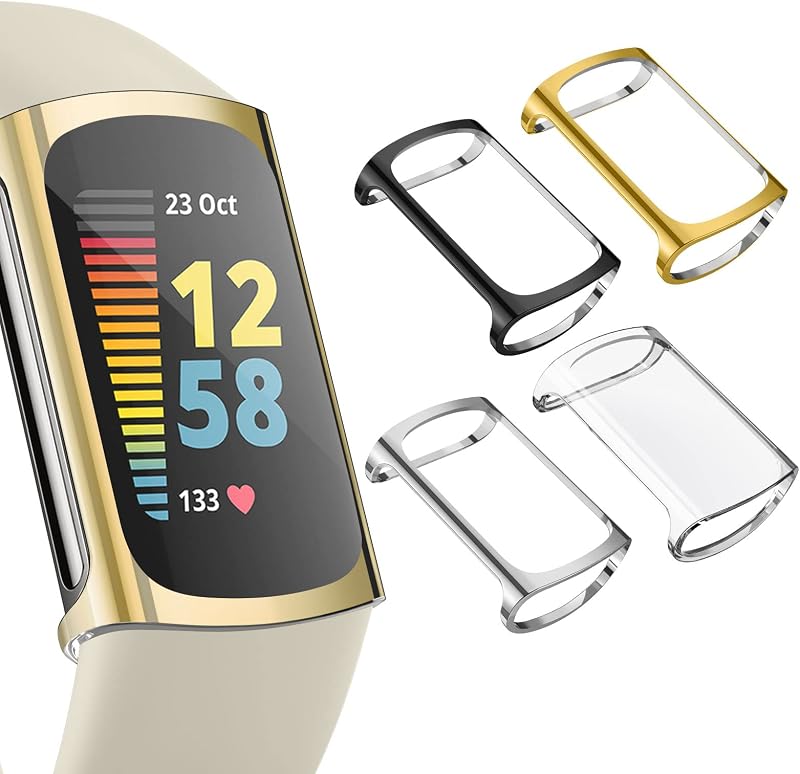 WOOZ Screen Protector Case for Fitbit Charge 6 5 TPU Bumper Dark Grey Silver