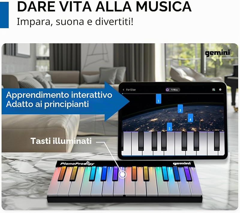 Sound PianoProdigy: Tastiera MIDI Wireless Illuminata a 24 tasti GPP-101, È Necessario Connettersi al Dispositivo iOS/Android per l'Audio, Espandibile, Bluetooth, Portatile