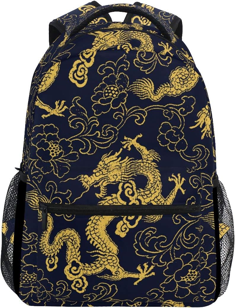 Backpack Chinese Dragon Golden Flower Peony Dark Blue Canvas School Bags Laptop Daypack