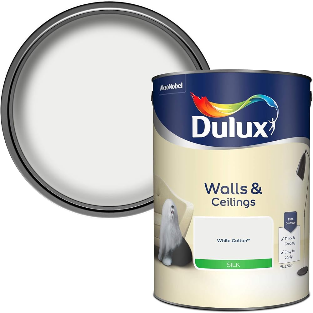 Dulux Silk Emulsion Paint Walls Ceilings White Cotton 5 Litres