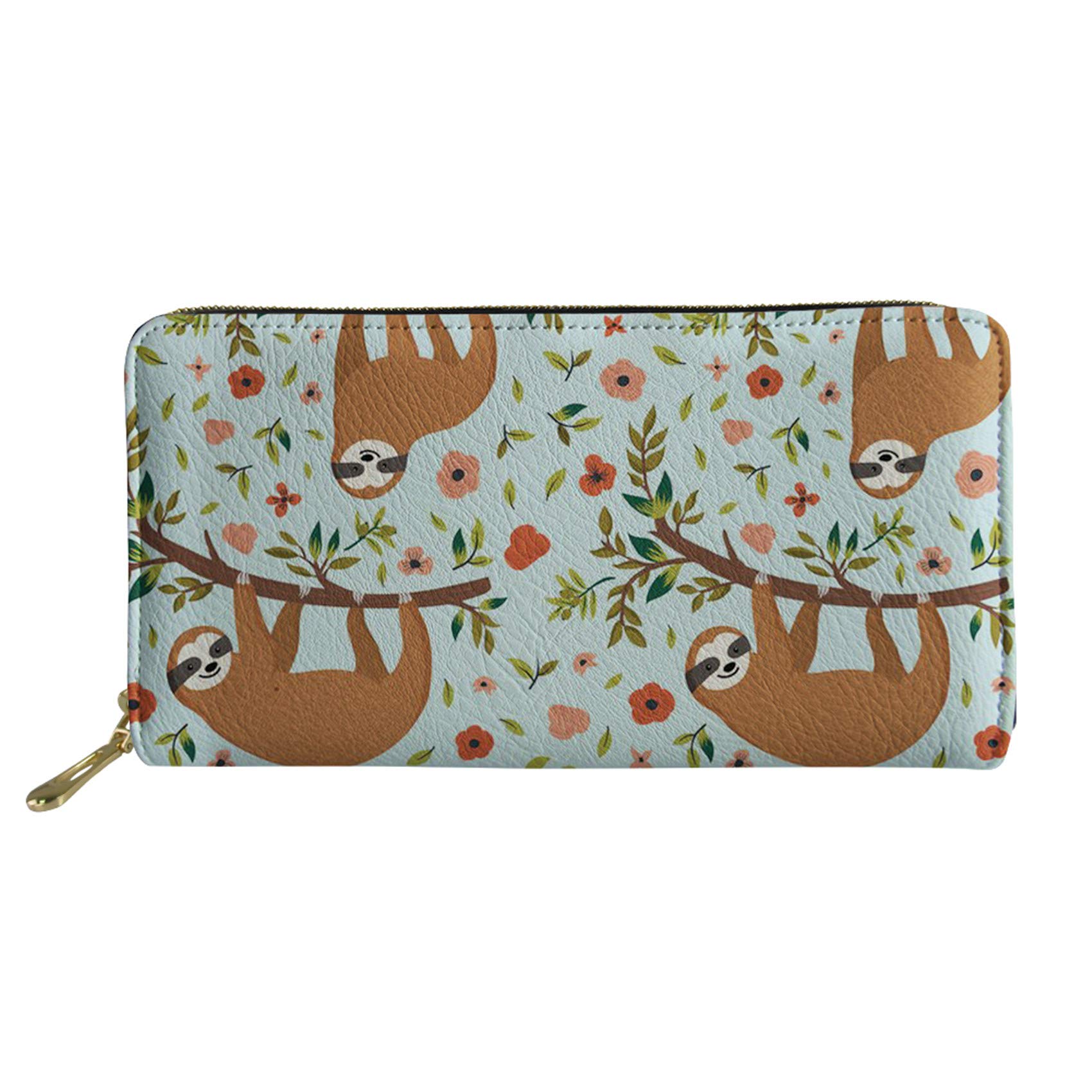 HUGS IDEA PU Leather Long Wallet Sloth Flowers Printing Women's Zipper Purse Clutch