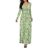 LILBETTER Women Long Sleeve Deep V Neck Loose Plain Long Maxi Casual Dress