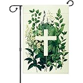 iWeeta Religious Cross Garden Flag 12x18 Inch Double Sided Outside, Green Plant with Cross Porch Yard Patio Outdoor Decoration