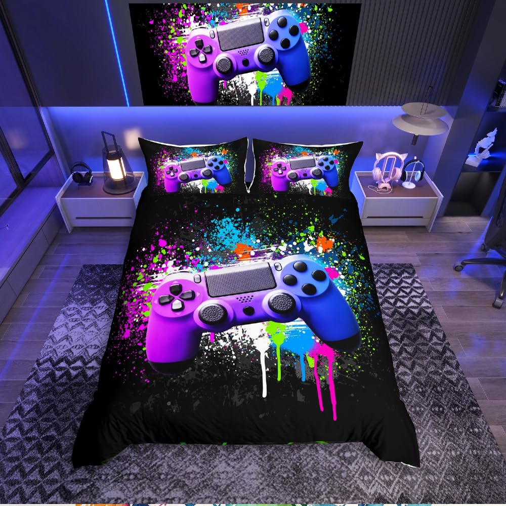 Gaming Bedding Set Colorful Tie dye Comforter Cover,Gamepad Duvet Cover for Boys,Video Games Single Bedding Gamer Console Action Buttons Bed Cover Teens Kids Bedroom Decor 2 Pcs Bed Collection