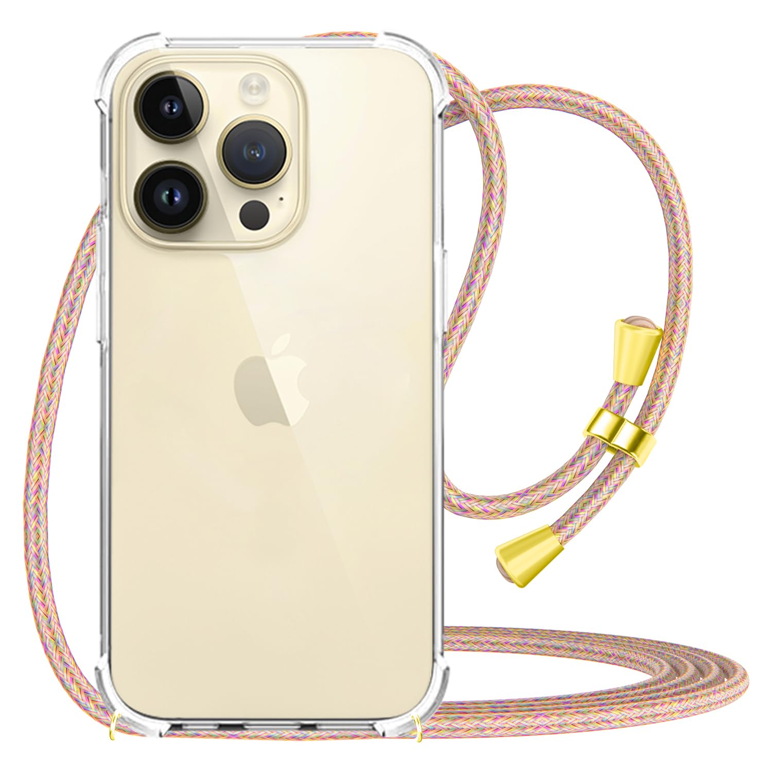 CAROKI Crossbody Case for iPhone 14 Pro,Necklace Mobile Phone Cover with Cord Strap Clear Transparent TPU Soft iPhone 14 Pro Cover Holder with Neck Cord Lanyard Strap-Rainbow