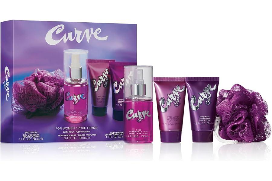 Curve Crush for Women Perfume Fragrance Set, Body Wash & Lotion, Fragrance Mist and Loofa, Day or Night Scent, 4 Piece Set