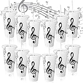 Skylety 12 Sets Music Themed Gifts Musical Note Tumbler Cups Bulk 24 oz Reusable Musical Note Plastic Tumbler with Straw and Lid Keychain Gifts for Music Lover Party Favor(White)