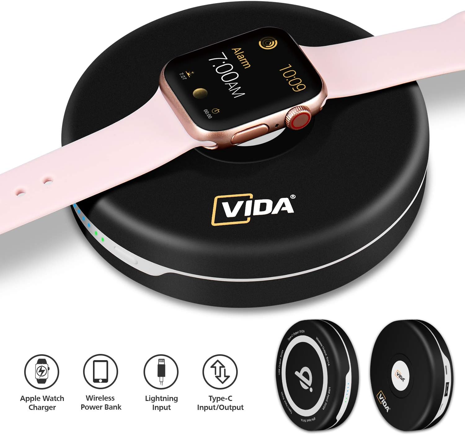 Wireless Charger for Apple Watch, 5000mAh Qi Certified Wireless Portable Charger with USB/Type-C Output & 2 Input External Battery Pack Compatible iPhone Xs/XR/X/iWatch Series 4/3/2/1 38mm 42mm