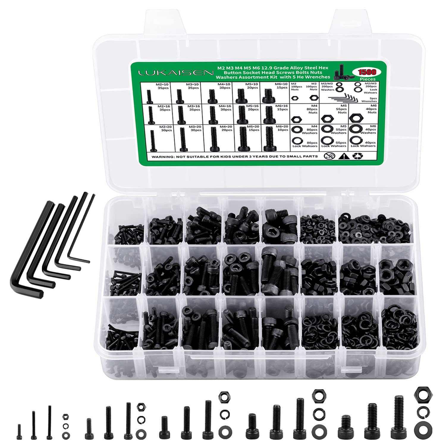 1500 PCS Nuts and Bolts Assortment, 12.9 Grade Alloy Steel Hex Socket Head Cap Screws Bolts and Nuts Kit - M2 M3 M4 M5 M6 Machine Screws with 5 Wrench for Home Repairs, DIY, and Professional Use