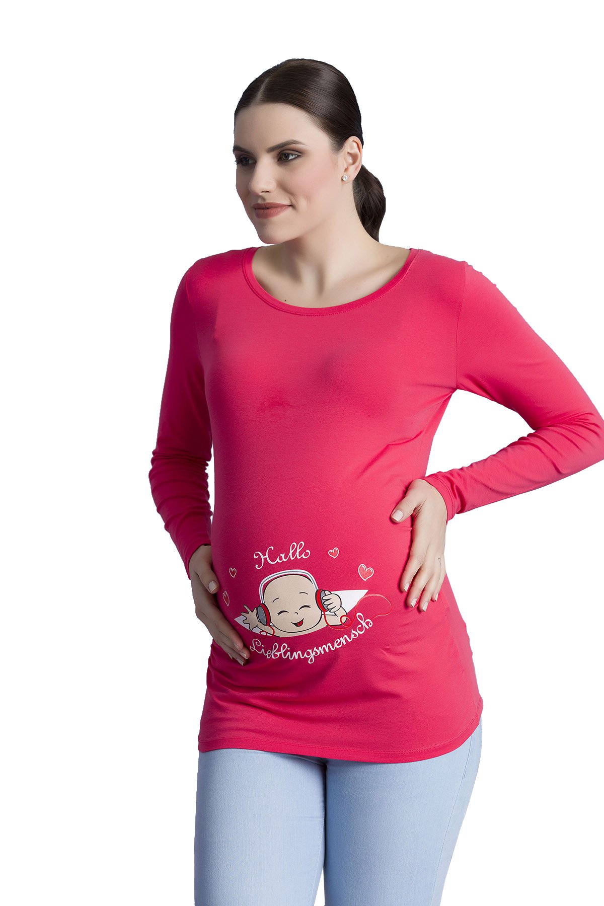 Hallo Lieblingsmensch - Funny Cute Sweet Lovely Maternity Long Sleeved T-Shirt with Print Pattern Pregnancy Gift (Coral, Large)