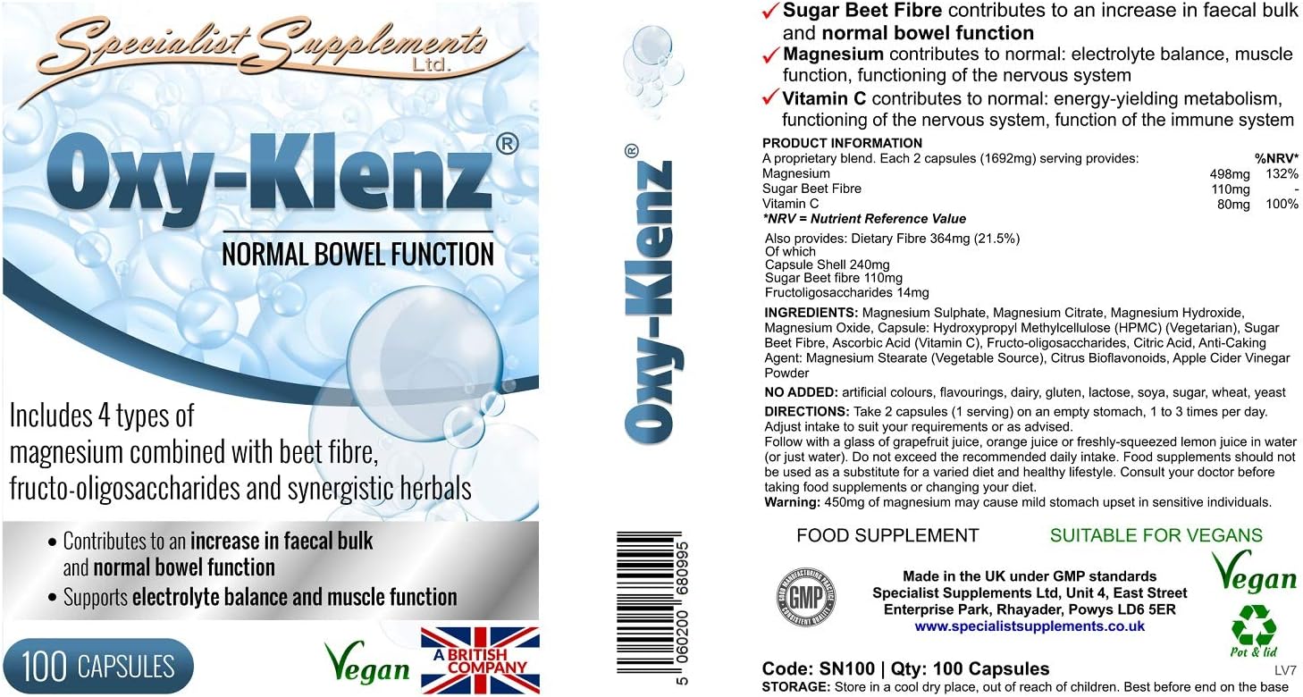 Specialist Supplements Oxy-Klenz Healthy Bowel Function 100 Capsules (Pack of 2), White, 100 count (Pack of 2) - Image 4