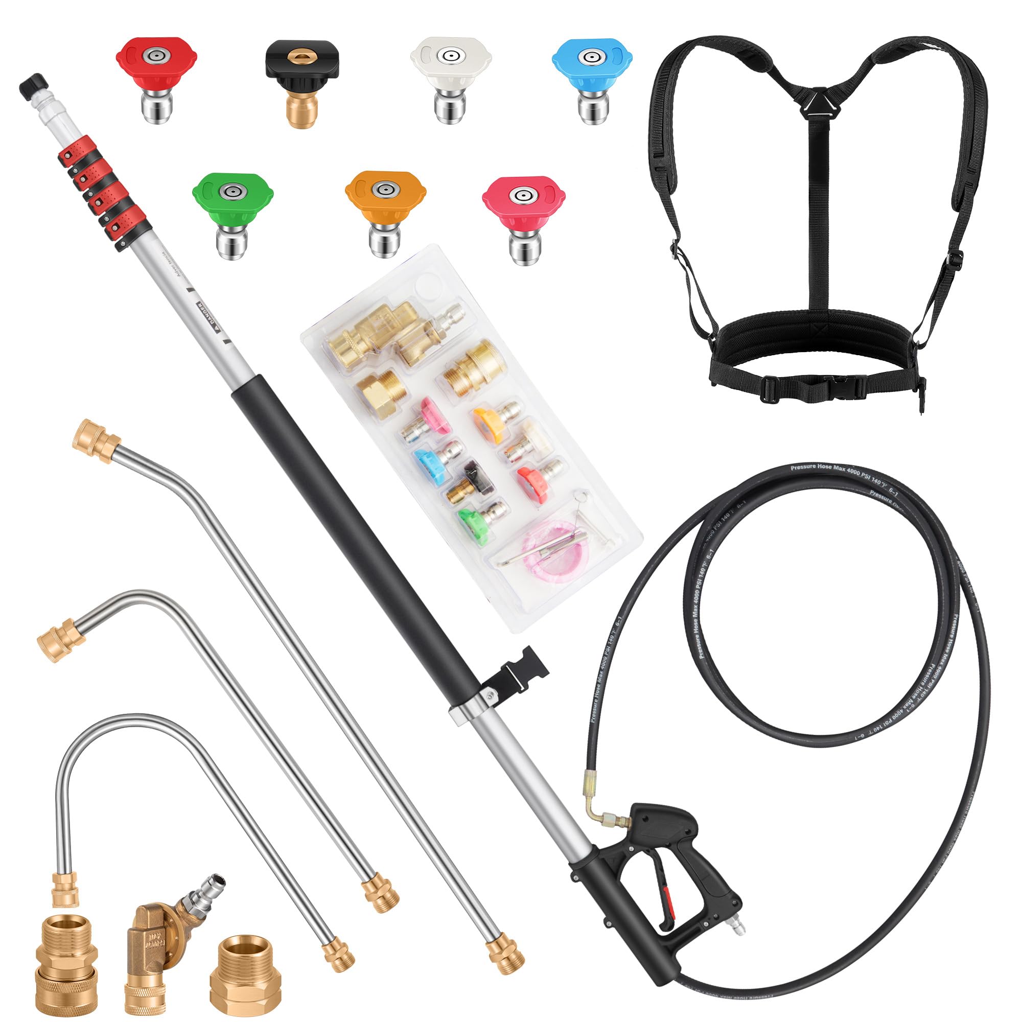 Photo 1 of 24 FT Gutter Cleaning Tools from The Ground - Telescoping Pressure Washer Wand - Gutter Cleaner Attachment with Power Washer Extension Wands, 7 Spray Nozzle Tips, 3 Hose Adapters and Support Belt