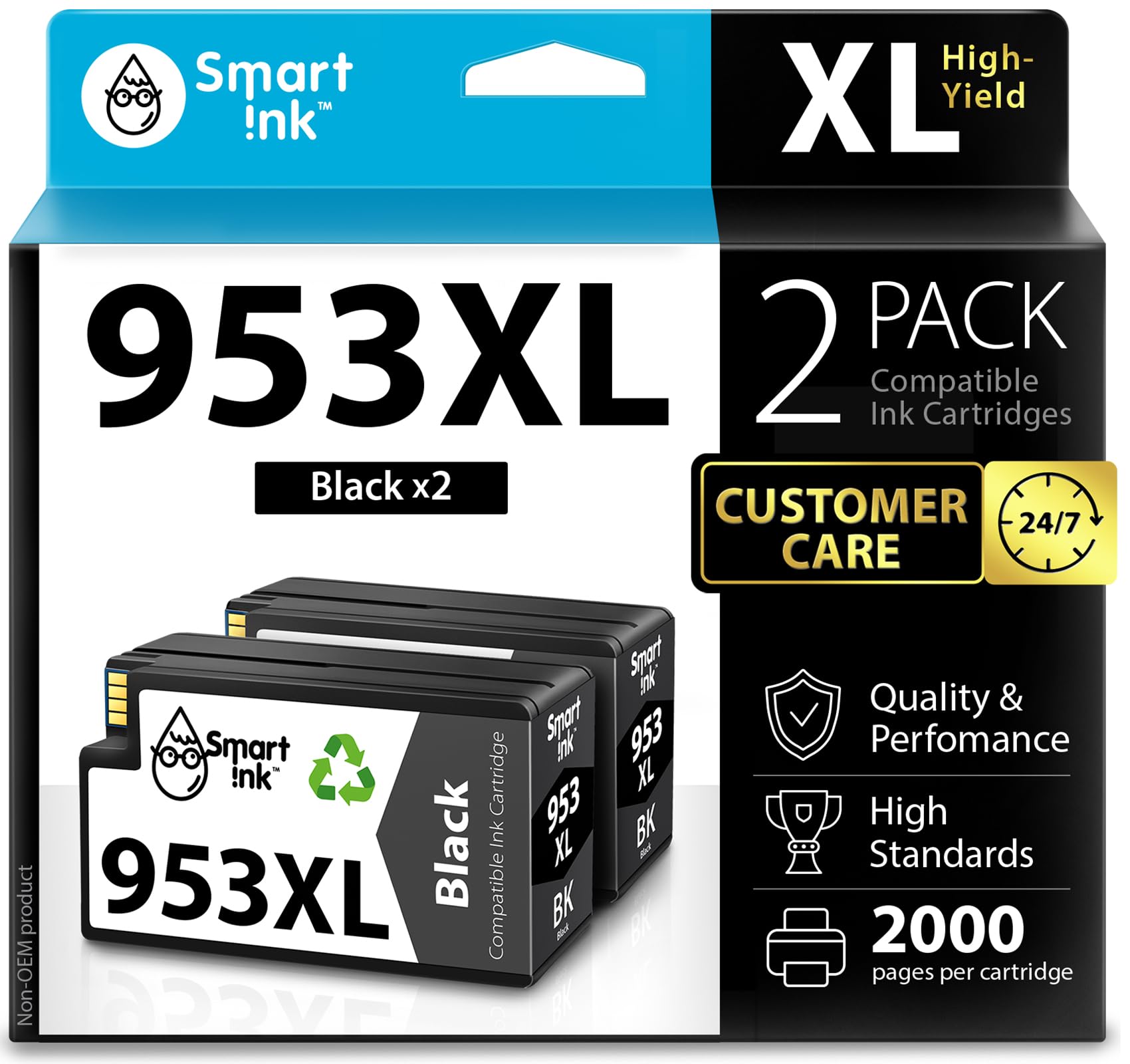 Smart Ink Compatible Ink Cartridges Replacement for HP 953XL 953 XL 2 Multipack (2 Black XL Pack) with Advanced Chip Technology to use with HP Officejet pro 7720 7730 7740 8710 8715 8720 8725 Printer