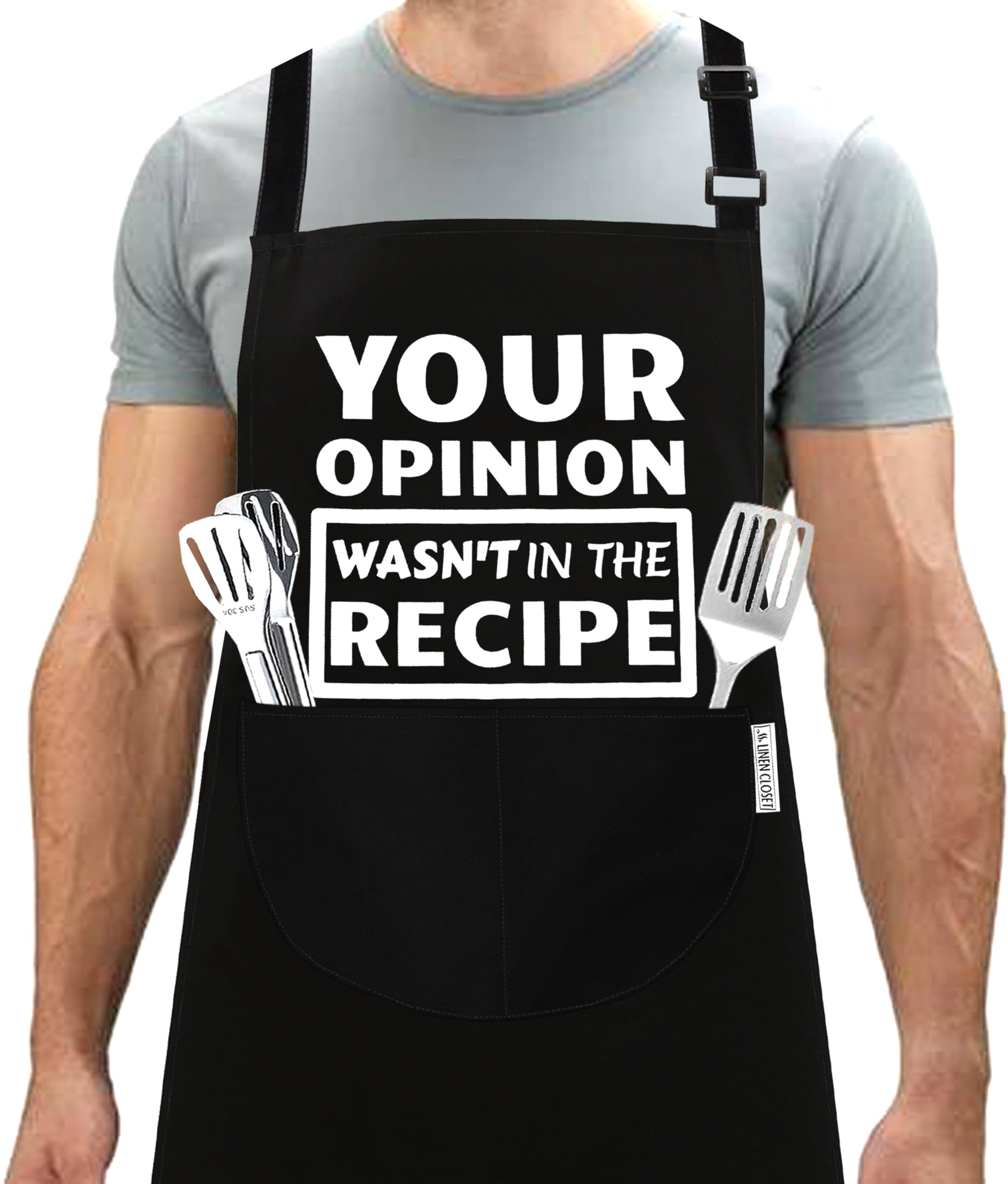 LINEN CLOSET® Bbq Aprons for Men Women Funny Chef Grilling Novelty Barbecue Aprons Kitchen Cooking Gift Black Apron with 2 Pockets-your opinion wasn't in the recipe apron