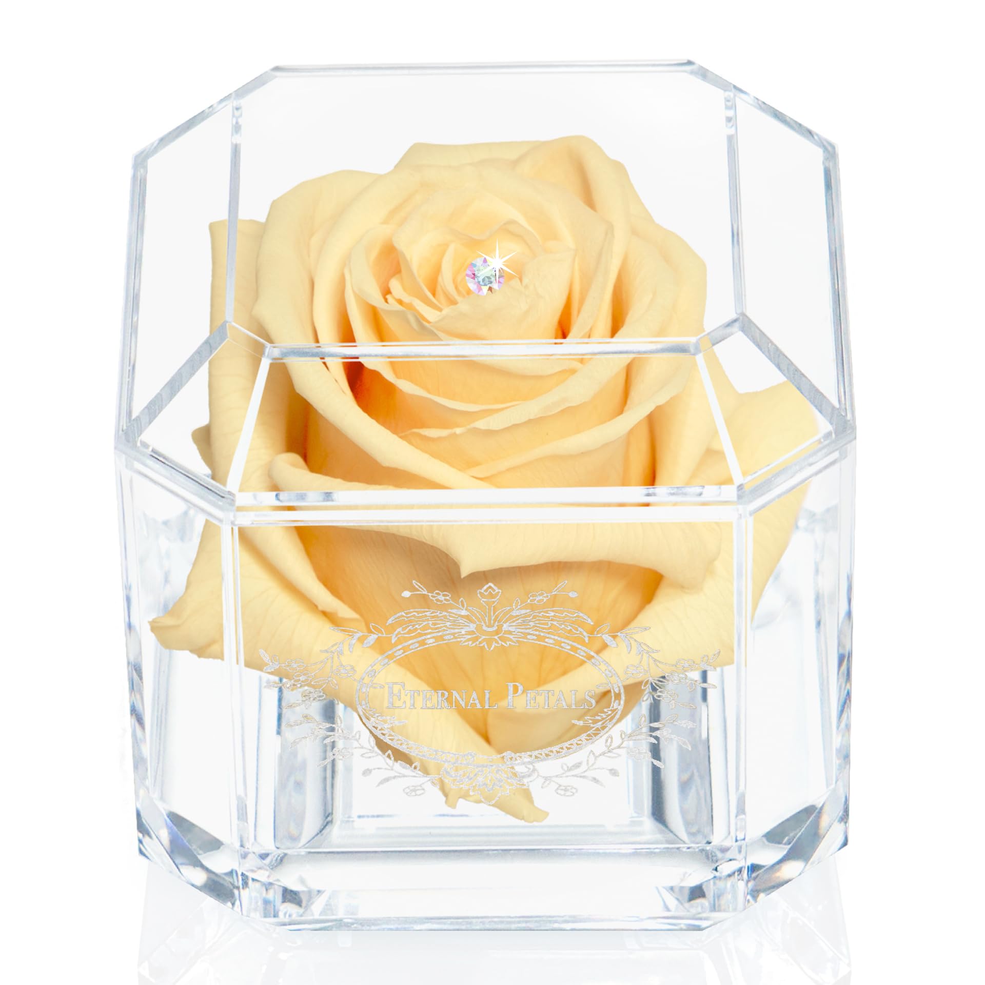 A 100% Real Rose That Lasts Years - Eternal Petals, Handmade in UK – White Gold Solo with A Multicolor Crystal (Champagne) — image 1