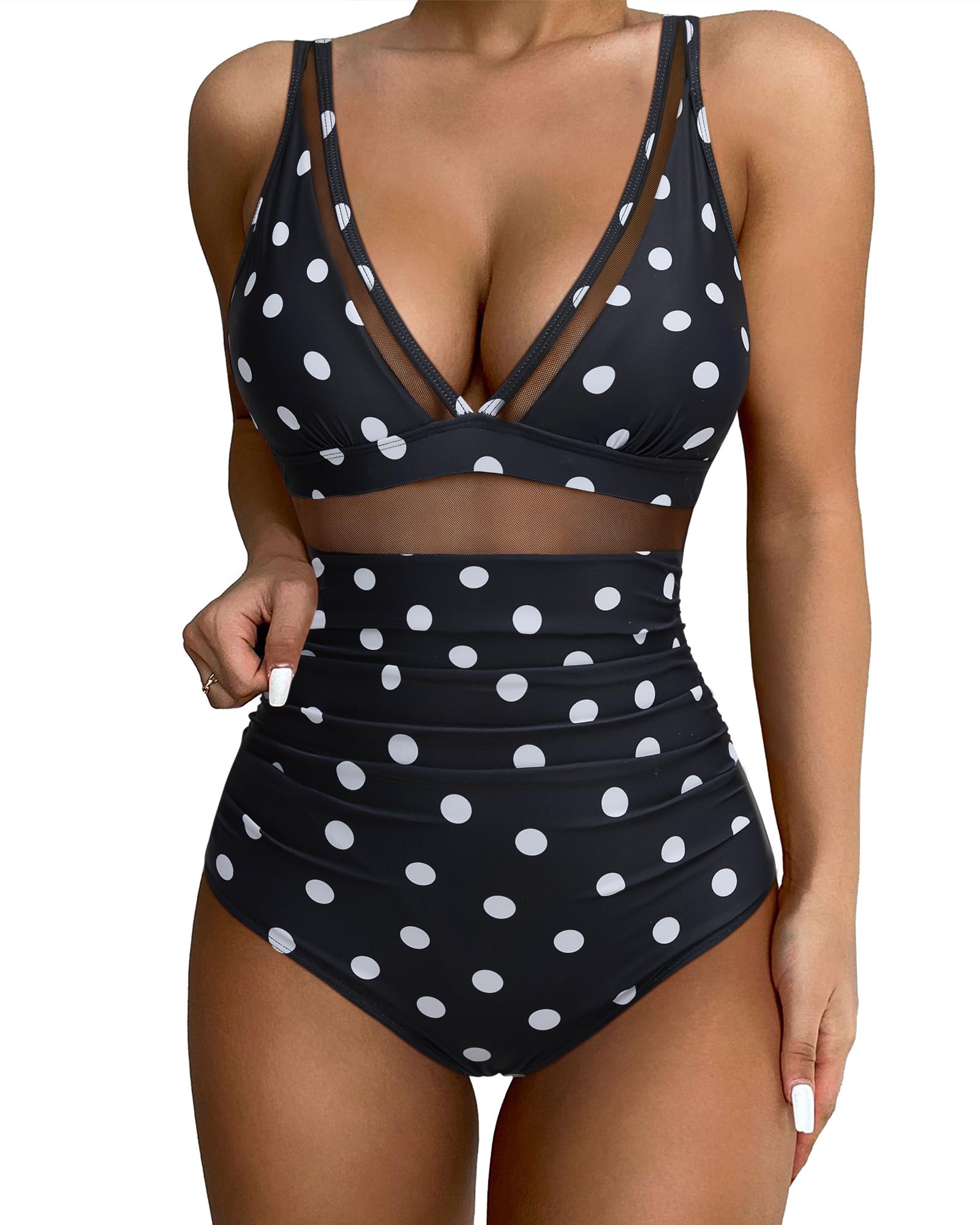 Photo 1 of SUUKSESS Women Slimming Tummy Control One Piece Swimsuits Sexy Mesh High Waisted Monokini Bathing Suits (Black White Polka Dots, L)