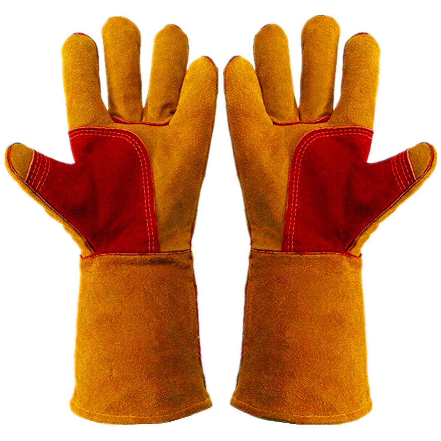 Work Gloves Leather Gardening Glove (1 Pair) 14 inch for Men Women Cowhide Reinforced Protection Padding Palm Animal Handling Bite Proof Thorn Dog Cat Scratch（Brown）