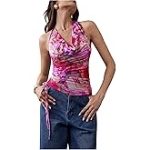 MakeMeChic Women's Floral Halter Top Draped Tie Dye Mesh Backless Ruched Drawstring Tank Tops