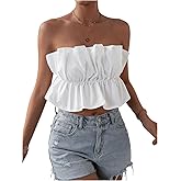 GORGLITTER Women's Strapless Bubble Tube Tops Ruffle Open Back Sleeveless Cute Summer Bandeau Peplum Crop Tops 2025