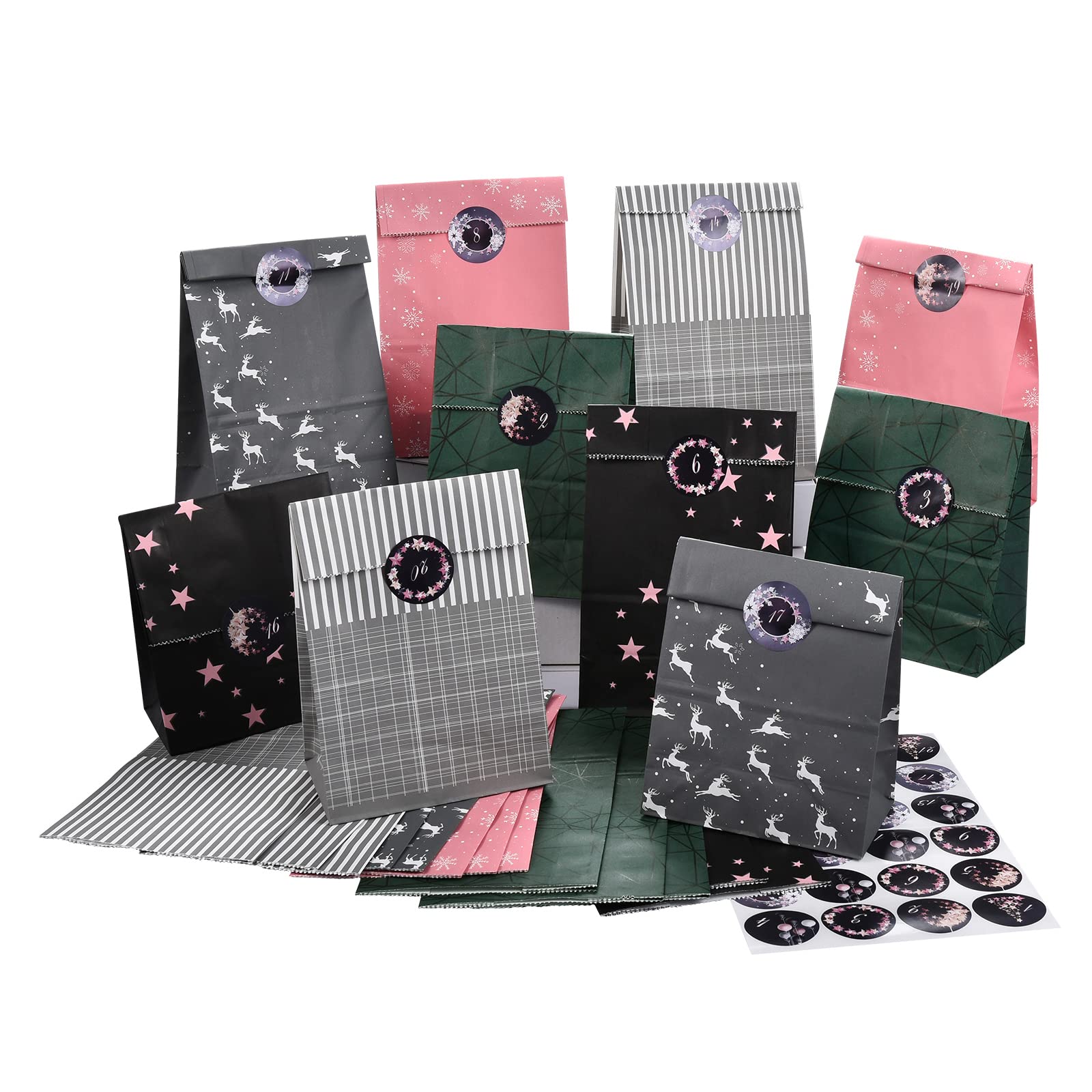 PANSIBY Advent Calendar for Filling, 24 Christmas Calendar Gift Paper Bags Large for Filling Yourself, Kraft Paper Bags Advent Bags Self-Filling with Stickers for Children Girls and Women