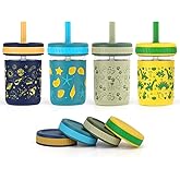 Sursip Toddler Glass Cups with Straw, Spill-Proof Kids Mason Jar Food Storage with Lids, Sippy Cups for Drinks, Smoothies, Snacks, Milk Cup [4 Pack] 8 oz 2-in-1