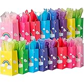 BLEWINDZ 32 Pcs Rainbow Goodie Bags with 32 Tissues - 8.7" Small Gift Bags with Handles for Kids Birthday Party Favors, Baby Showers and Party Supplies