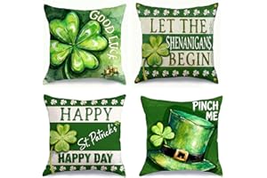 St Patricks Day Throw Pillow Covers Decor 18x18 Set of 4 Shamrock Linen Pillow Case with Green Hat Irish for Large Couch Sofa
