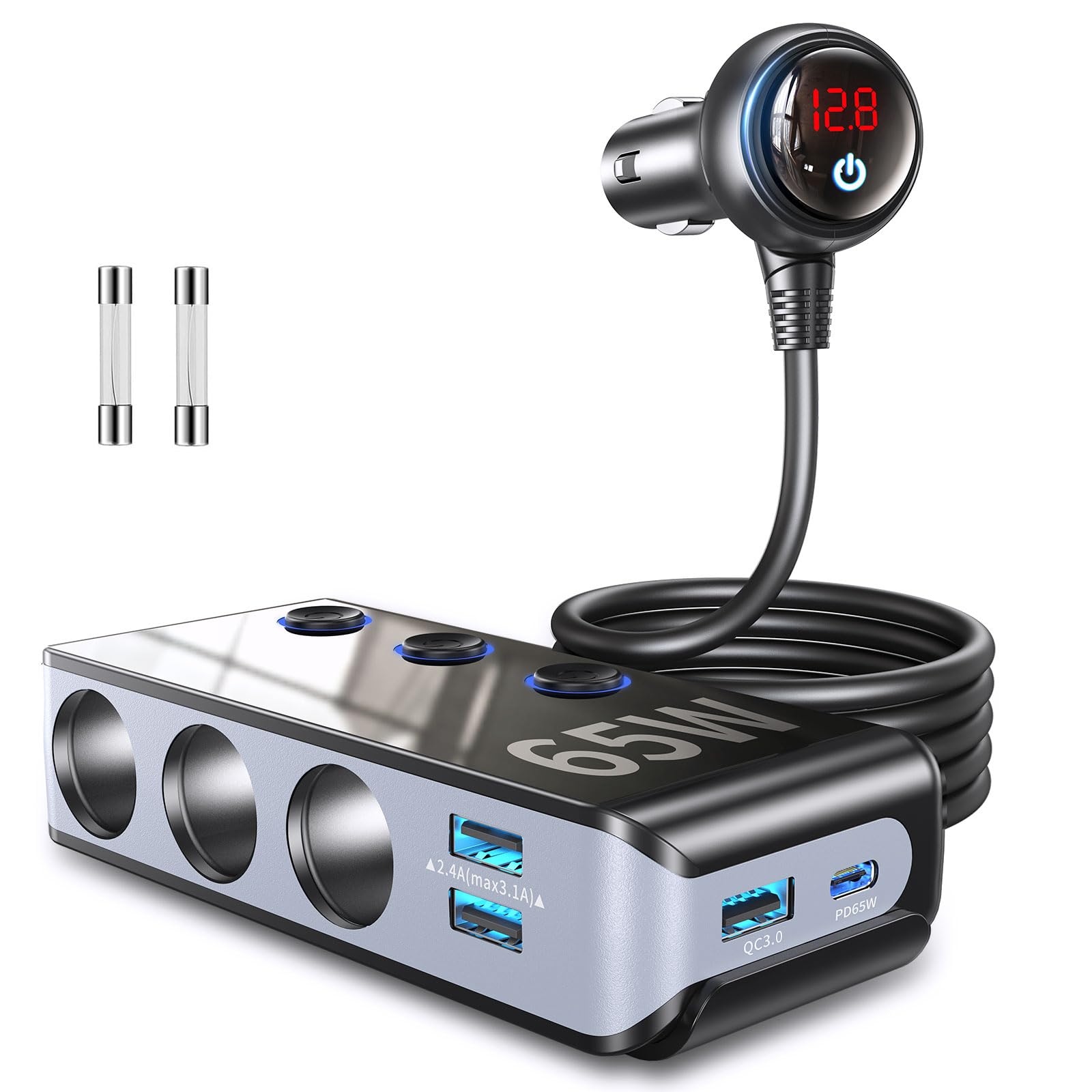 Cigarette Lighter Adapter Splitter Socket with PD 65W Port