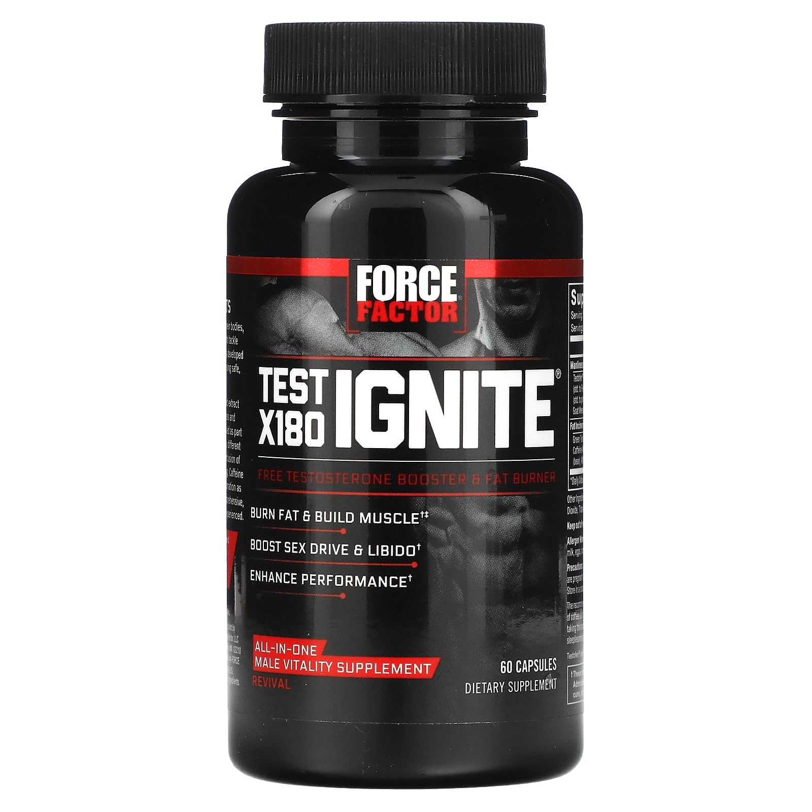 Force Factor Test X180 Ignite Total Testosterone Booster for Men with Fenugreek Seed and Green Tea Extract to Build Lean Muscle, Boost Energy, and Improve Performance, 60 Count