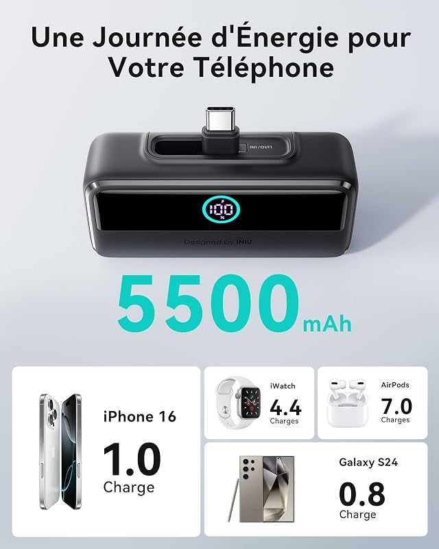 5500mAh 22.5W Batterie Externe Mini, Rapide Chargeur Portable Power Bank, Connecteur USB-C Pliable intégré, Compatible avec iPhone 16/15/14/13 iPad Airpods