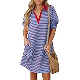BLENCOT Women's Casual Polo V Neck T Shirt Striped Dress Summer Puff Short Sleeve MIdi Dresses