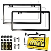 Aootf License Plate Frames Covers - Stainless Steel Black Car Tag Holder and Clear Flat Shield, Unbreakable Front Rear Protector with Screws Caps, 2 Sets