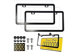 Aootf License Plate Frames Covers - Stainless Steel Black Car Tag Holder and Clear Flat Shield, Unbreakable Front Rear Protector with Screws Caps, 2 Sets