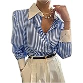GORGLITTER Women's Striped Puff Long Sleeve Button Down Shirts Blouse Business Casual Fall Collared Work Office Tops