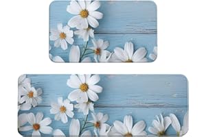 Anti Fatigue Kitchen Mats for Floor 2 Piece, White Flowers Light Blue Wood Kitchen Rugs Non Slip Cushioned Kitchen Floor Mats